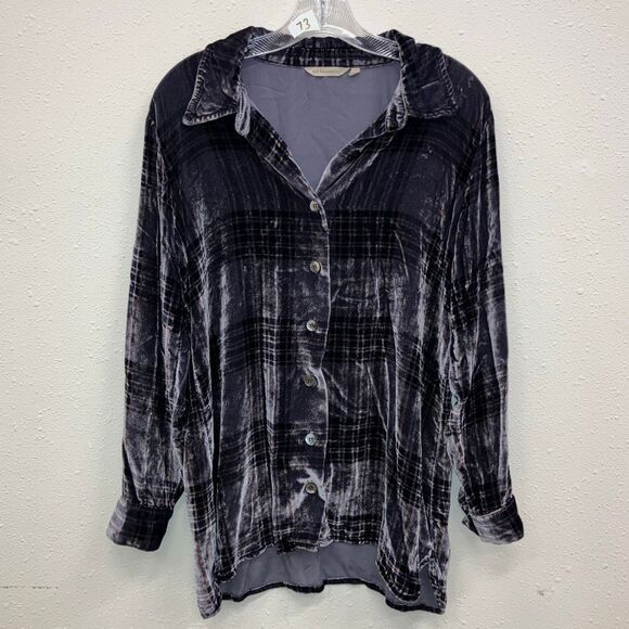 Soft surrounding silk blend purple plaid velour collared button down long sleeve - Picture 1 of 6